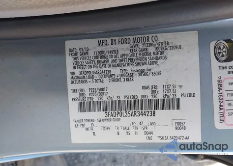 2010 Ford Fusion Hybrid from USA, damaged, VIN 3FADP0L35AR344238